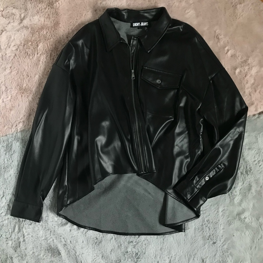 New Dkny jeans black faux leather shacket jacket